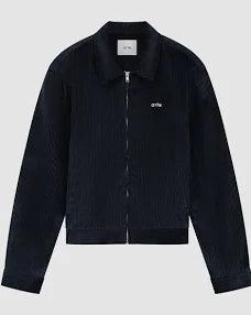 Black jacket with a brand logo on a light gray background